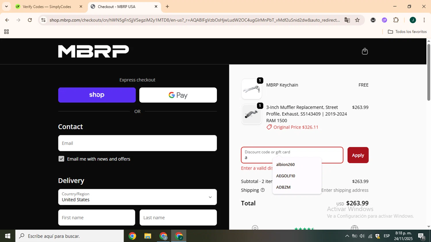 MBRP discount code screenshot showing code DRIVE10 applied at MBRP checkout page. Uploaded by SimplyCodes community member CrownOwl1879 on Nov 25, 2025