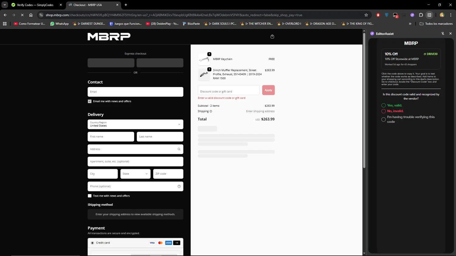 MBRP discount code screenshot showing code DRIVE10 applied at MBRP checkout page. Uploaded by SimplyCodes community member MiauMiau on Nov 24, 2025