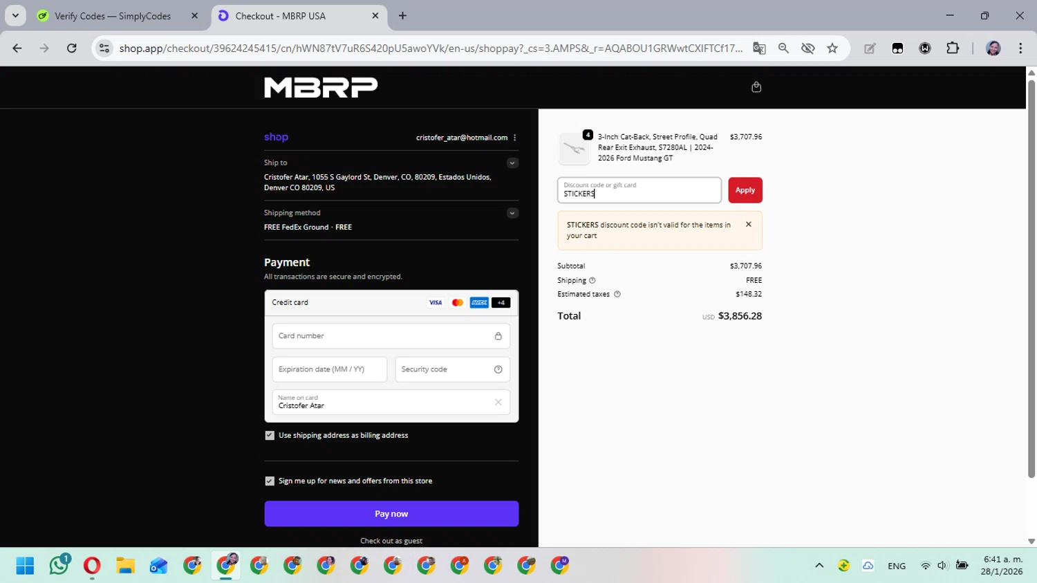 MBRP promo code screenshot showing code STICKERS applied at MBRP checkout page. Uploaded by SimplyCodes community member MarielisPb on Jan 28, 2026