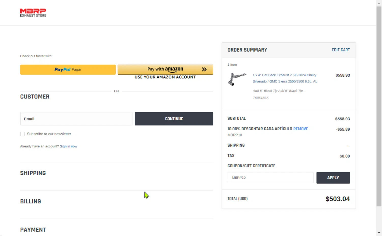 MBRP Exhaust Store checkout page showing MBRP Exhaust Store promo code box | Screenshot taken by SimplyCodes community member on Sep 19, 2024