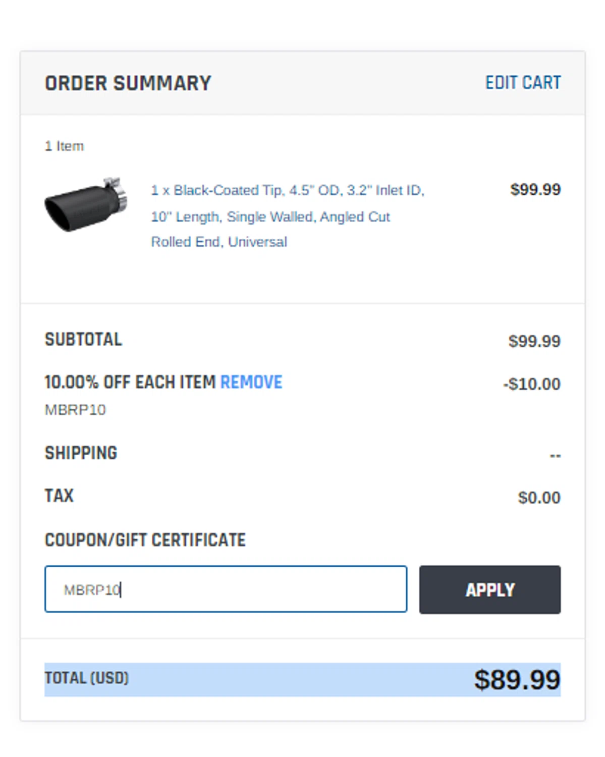 MBRP Exhaust Store checkout page showing MBRP Exhaust Store promo code box | Screenshot taken by SimplyCodes community member on Oct 26, 2024