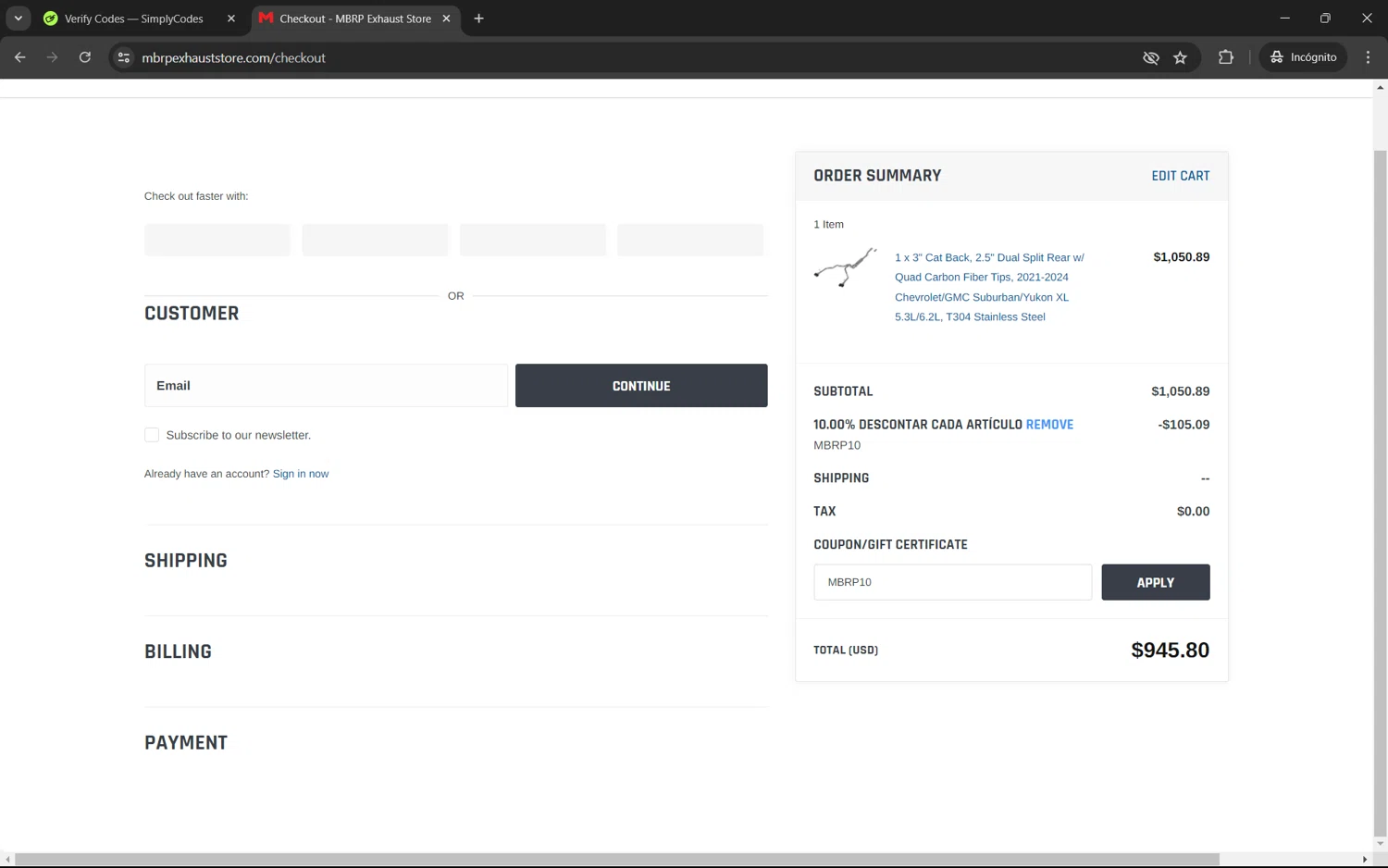 MBRP Exhaust Store checkout page showing MBRP Exhaust Store promo code box | Screenshot taken by SimplyCodes community member on Jul 23, 2024