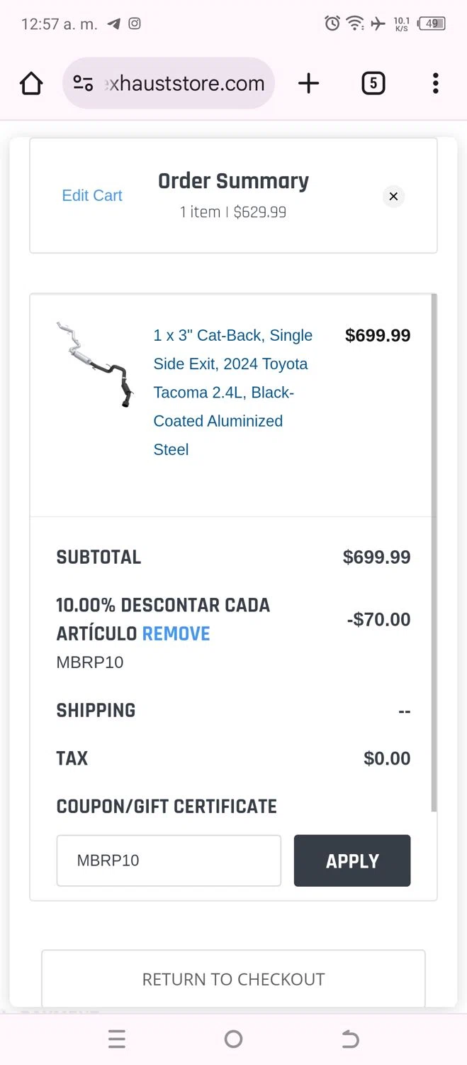 MBRP Exhaust Store checkout page showing MBRP Exhaust Store promo code box | Screenshot taken by SimplyCodes community member on Sep 27, 2024