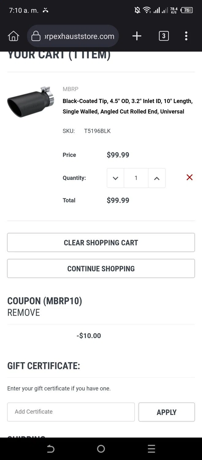 MBRP Exhaust Store checkout page showing MBRP Exhaust Store promo code box | Screenshot taken by SimplyCodes community member on Oct 26, 2024