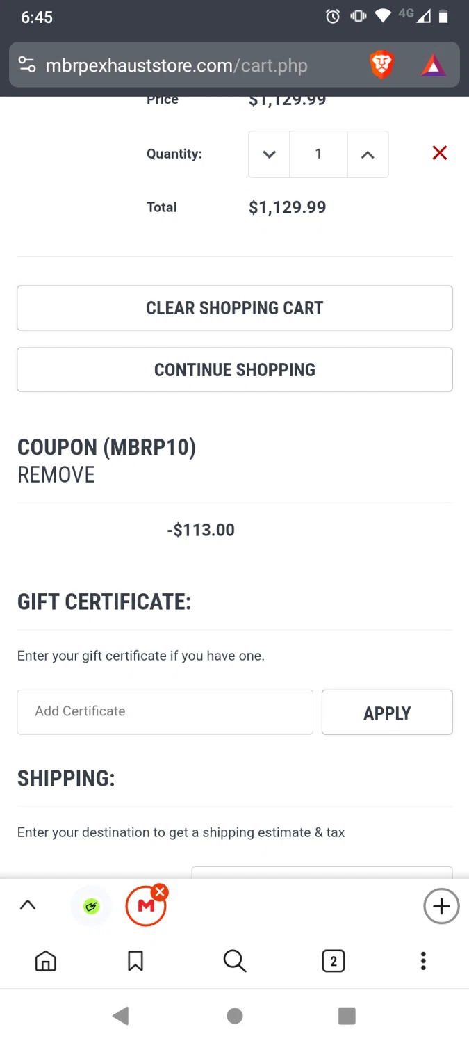 MBRP Exhaust Store checkout page showing MBRP Exhaust Store promo code box | Screenshot taken by SimplyCodes community member on Jun 24, 2024