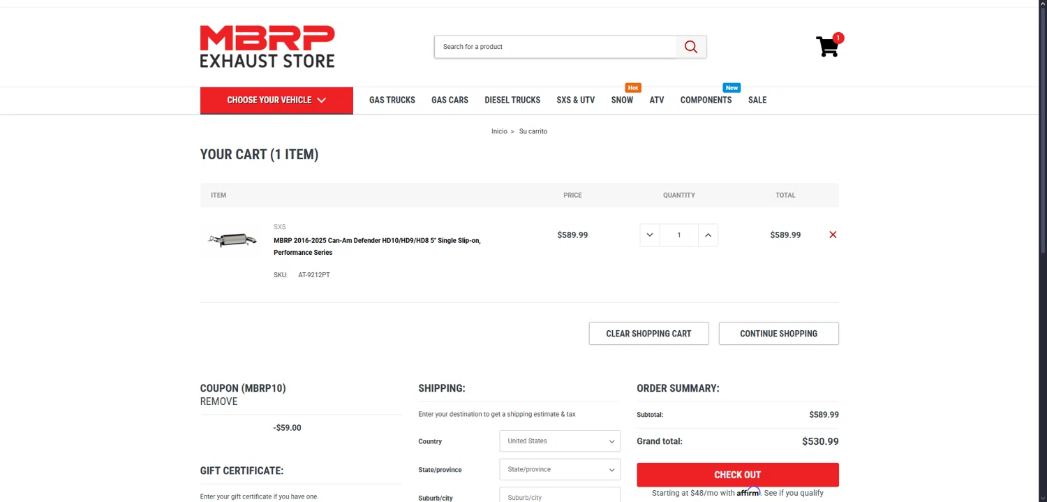 MBRP Exhaust Store promo code screenshot showing code MBRP10 applied at MBRP Exhaust Store checkout page. Uploaded by SimplyCodes community member Dorothy on Dec 30, 2025