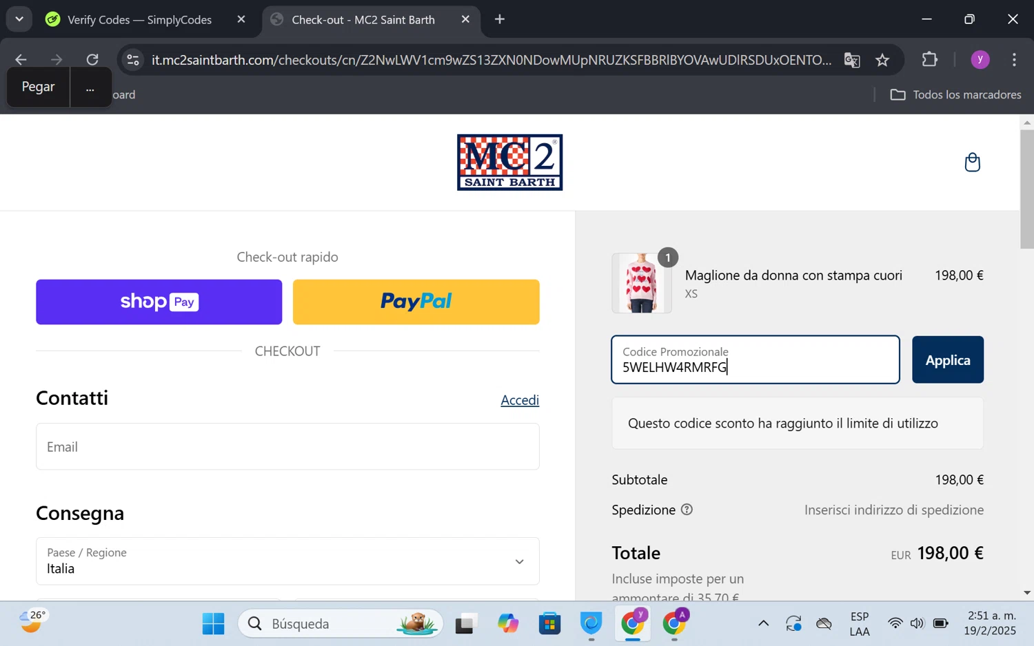 MC2 Saint Barth promo code screenshot showing code 5WELHW4RMRFG applied at MC2 Saint Barth checkout page. Uploaded by SimplyCodes community member FrugalKnight6753 on Feb 19, 2025