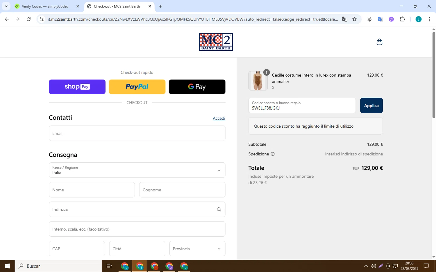 MC2 Saint Barth promo code screenshot showing code 5WELLF38JGKJ applied at MC2 Saint Barth checkout page. Uploaded by SimplyCodes community member Juan_collug on Mar 29, 2025