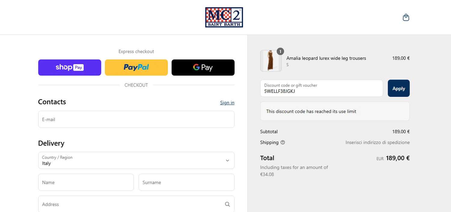 MC2 Saint Barth promo code screenshot showing code 5WELLF38JGKJ applied at MC2 Saint Barth checkout page. Uploaded by SimplyCodes community member FrugalKnight782 on Mar 29, 2025