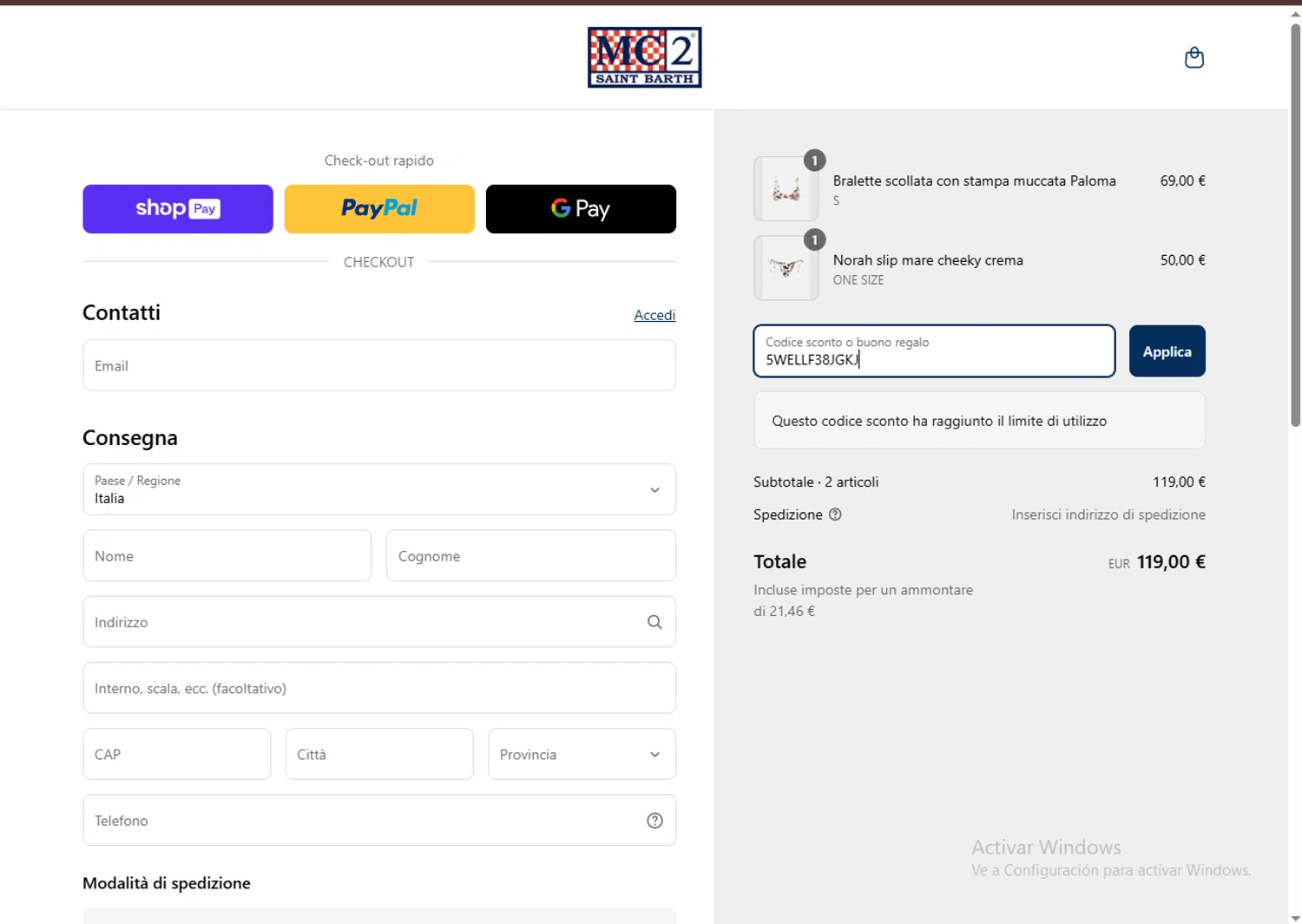 MC2 Saint Barth promo code screenshot showing code 5WELLF38JGKJ applied at MC2 Saint Barth checkout page. Uploaded by SimplyCodes community member LegendaryCurator4133 on Mar 29, 2025