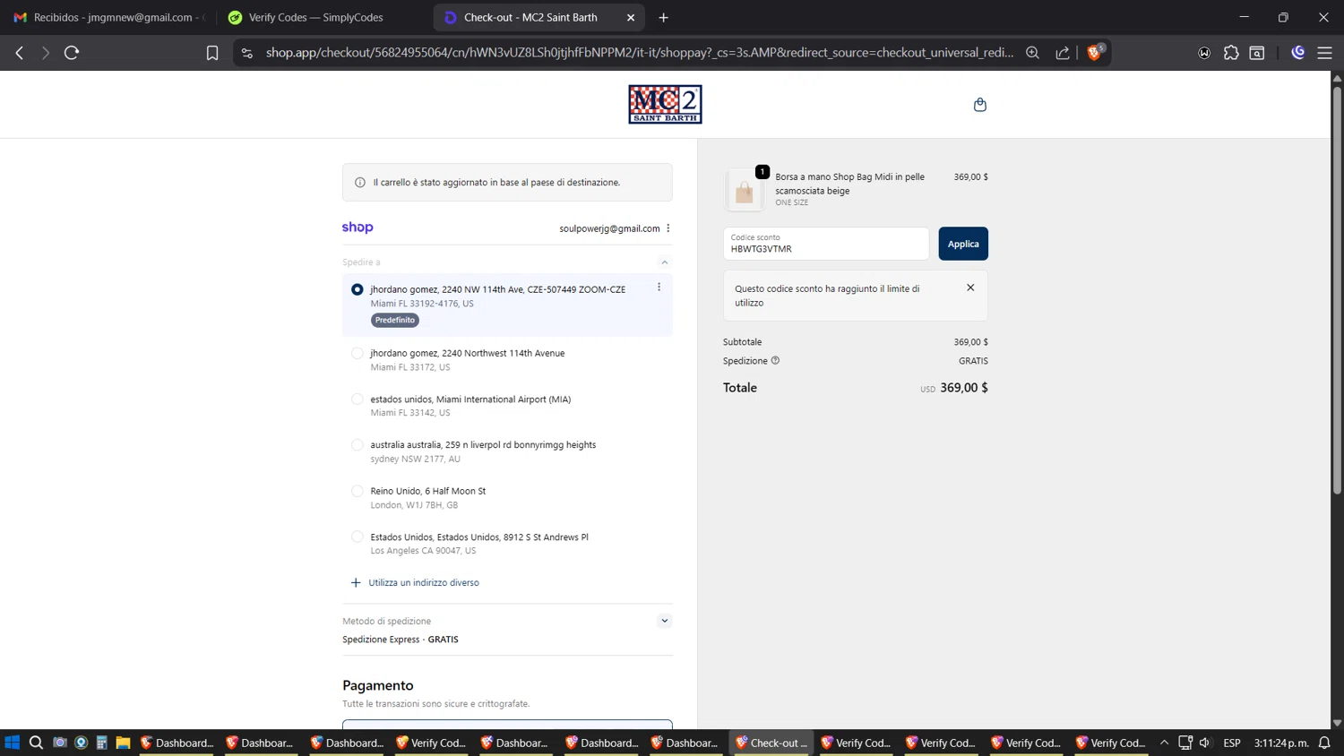 MC2 Saint Barth promo code screenshot showing code HBWTG3VTMR applied at MC2 Saint Barth checkout page. Uploaded by SimplyCodes community member Amidamaru on Oct 9, 2025