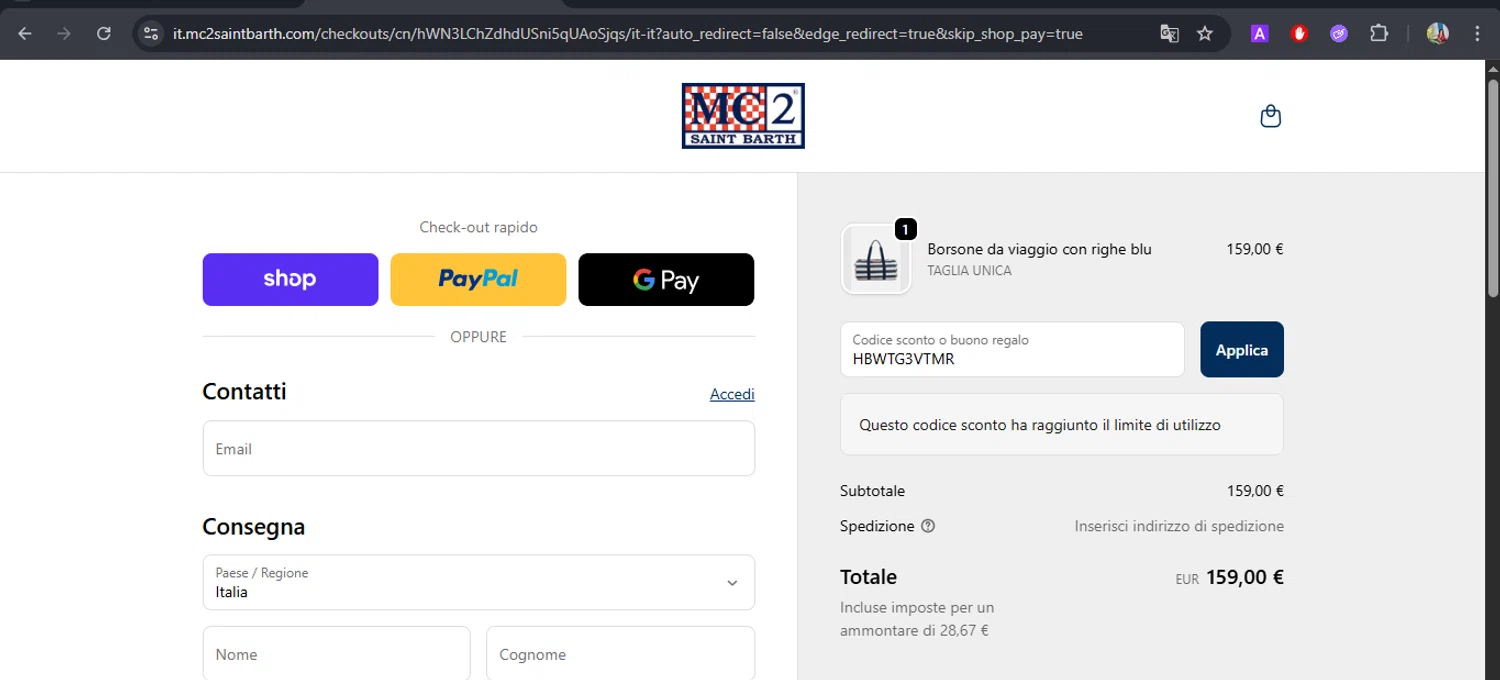 MC2 Saint Barth checkout page showing MC2 Saint Barth promo code box | Screenshot taken by SimplyCodes community member on Sep 24, 2025
