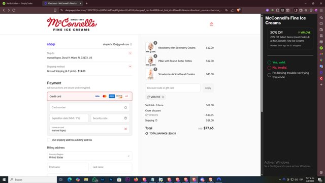 McConnell's Fine Ice Creams checkout page showing McConnell's Fine Ice Creams promo code box | Screenshot taken by SimplyCodes community member on Sep 4, 2025