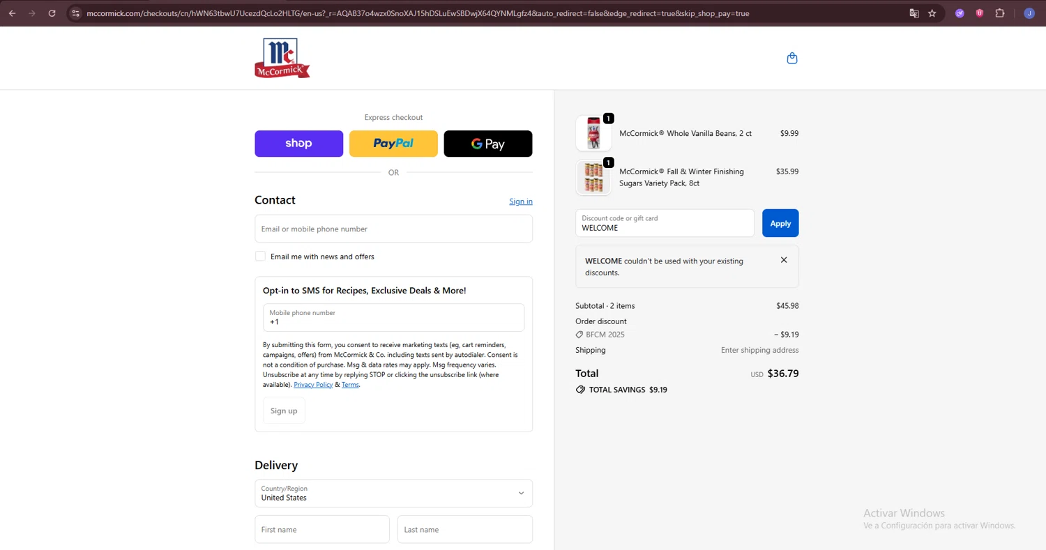 McCormick discount code screenshot showing code WELCOME applied at McCormick checkout page. Uploaded by SimplyCodes community member BonusLynx1493 on Dec 5, 2025
