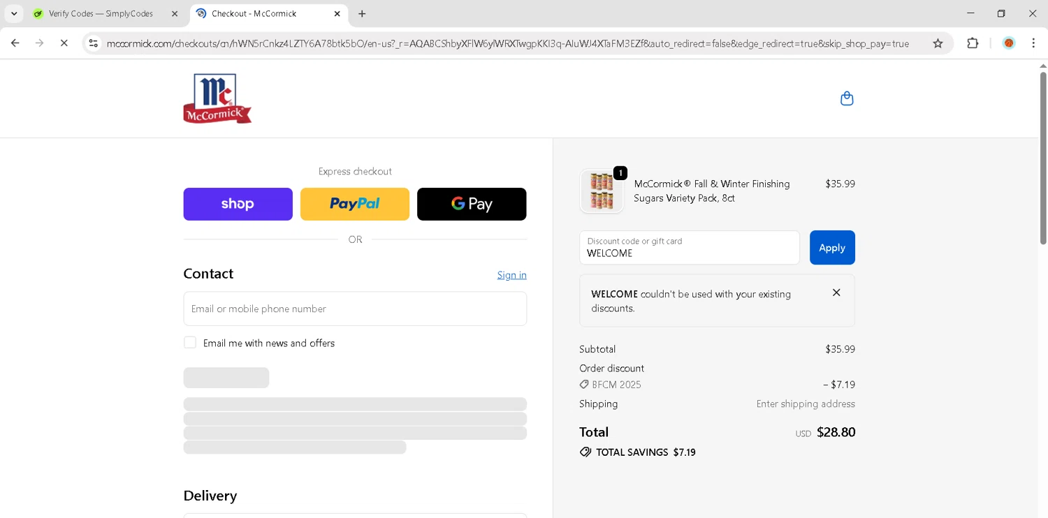 McCormick discount code screenshot showing code WELCOME applied at McCormick checkout page. Uploaded by SimplyCodes community member JosephStevens774 on Nov 29, 2025