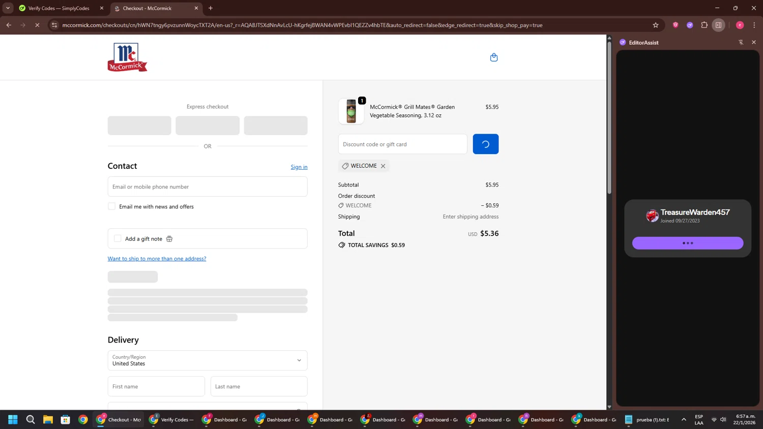 McCormick discount code screenshot showing code WELCOME applied at McCormick checkout page. Uploaded by SimplyCodes community member TreasureWarden457 on Jan 22, 2026
