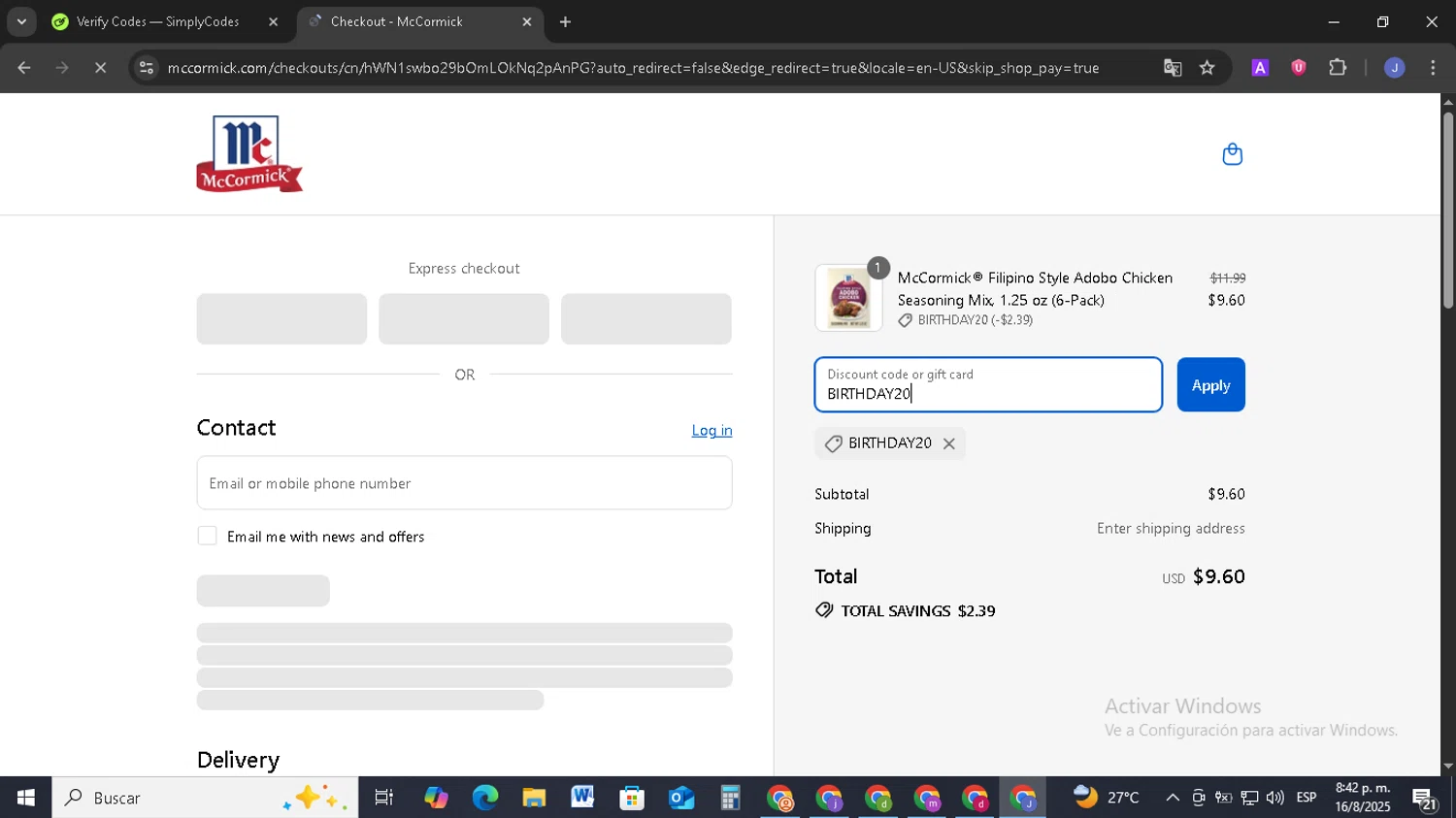 McCormick discount code screenshot showing code BIRTHDAY20 applied at McCormick checkout page. Uploaded by SimplyCodes community member EpicSage3474 on Aug 17, 2025