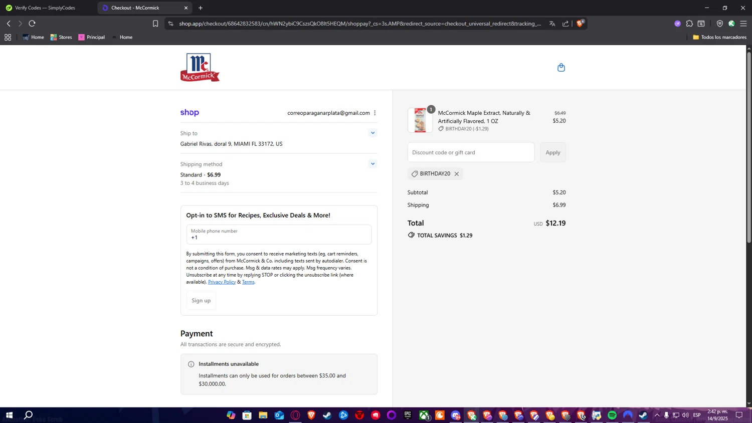 McCormick discount code screenshot showing code BIRTHDAY20 applied at McCormick checkout page. Uploaded by SimplyCodes community member Nulo0000 on Sep 14, 2025