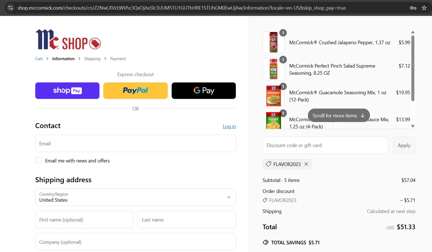 McCormick discount code screenshot showing code FLAVOR2023 applied at McCormick checkout page. Uploaded by SimplyCodes community member Gray_75 on May 27, 2025