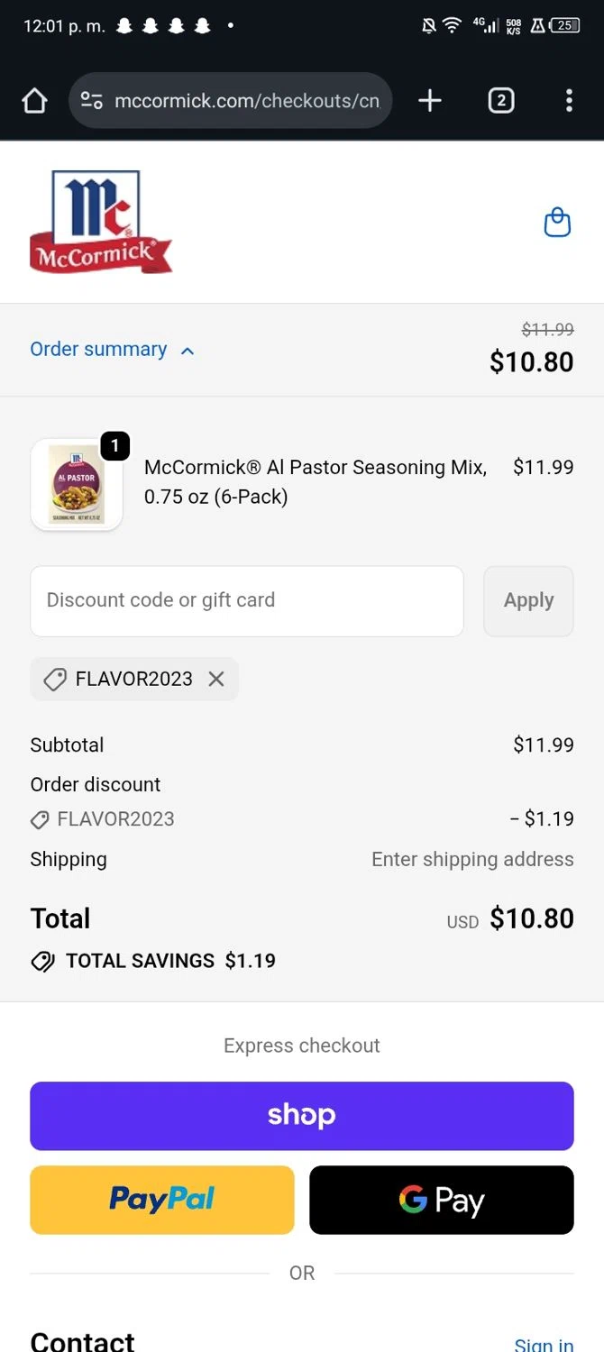 McCormick discount code screenshot showing code FLAVOR2023 applied at McCormick checkout page. Uploaded by SimplyCodes community member Sasuk3 on Oct 14, 2025