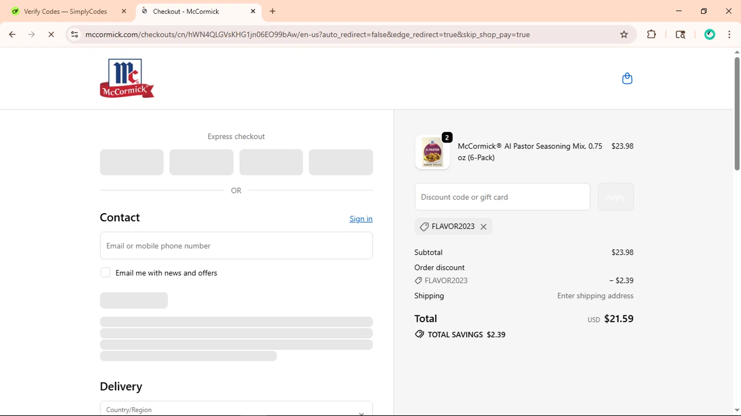 McCormick discount code screenshot showing code FLAVOR2023 applied at McCormick checkout page. Uploaded by SimplyCodes community member ShieldLegend9691 on Oct 22, 2025