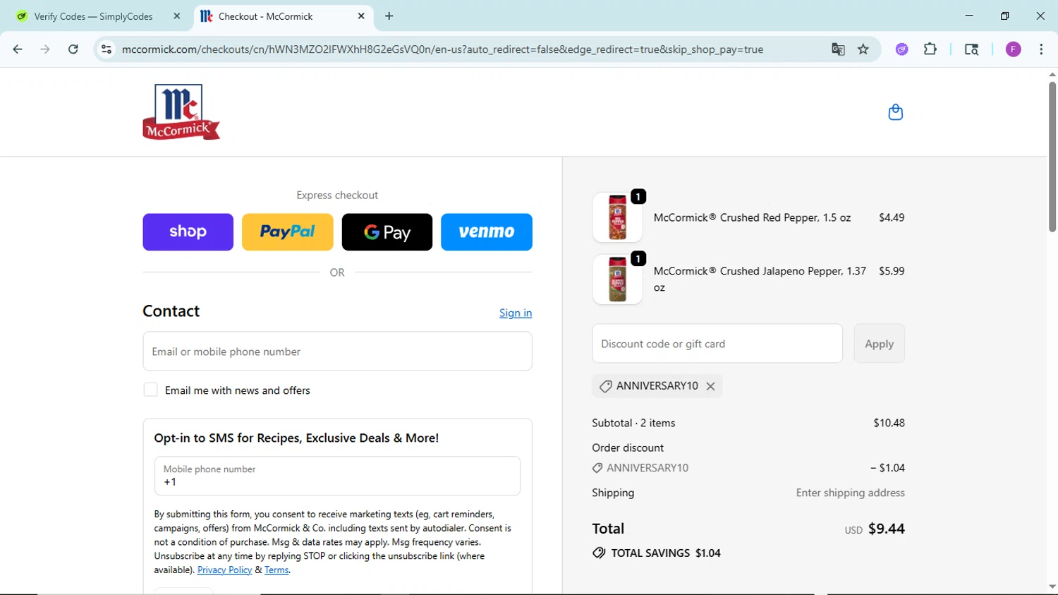 McCormick discount code screenshot showing code ANNIVERSARY10 applied at McCormick checkout page. Uploaded by SimplyCodes community member ShieldTitan6985 on Sep 24, 2025