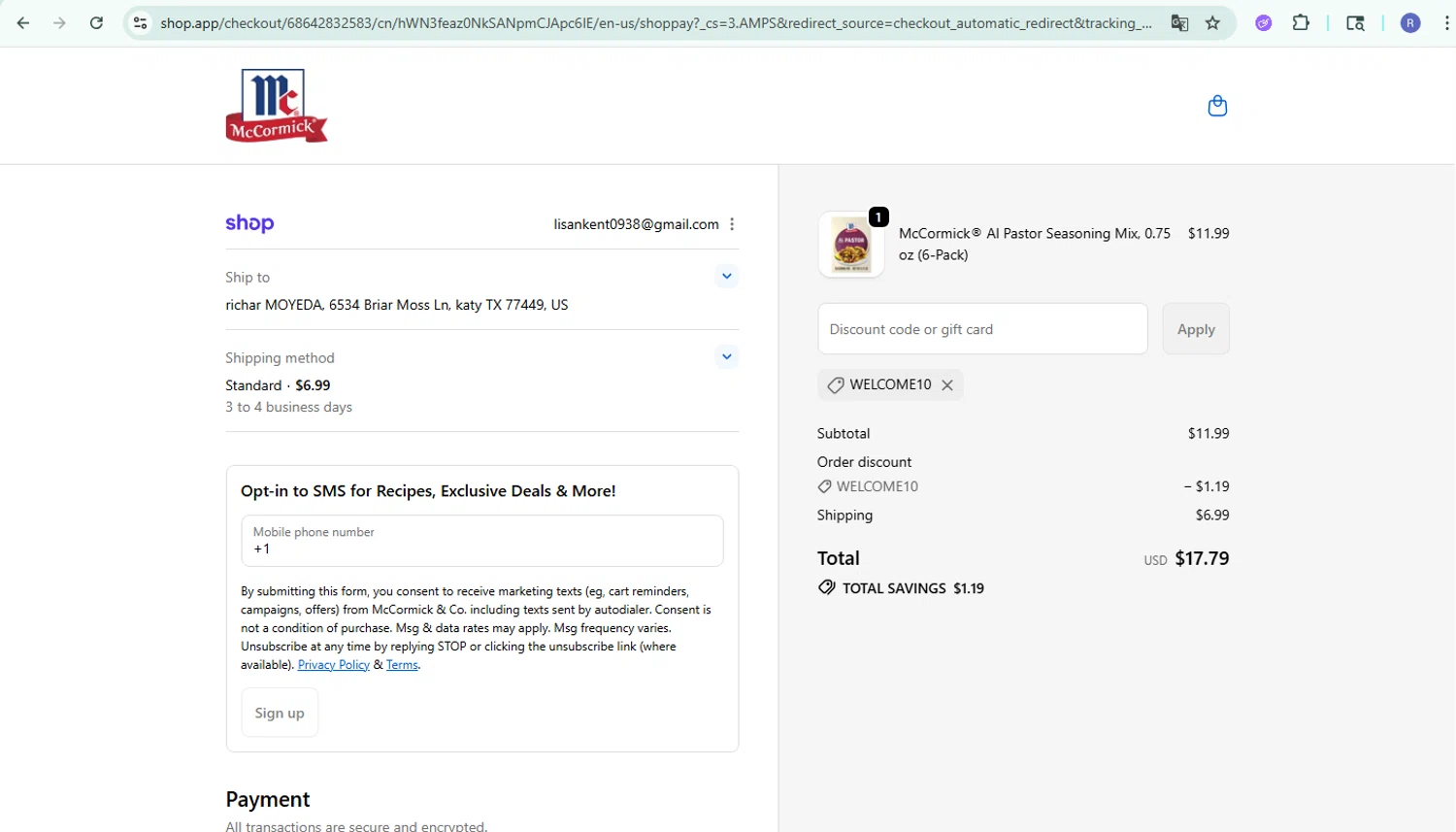 McCormick discount code screenshot showing code WELCOME10 applied at McCormick checkout page. Uploaded by SimplyCodes community member CoinPilot9113 on Oct 3, 2025