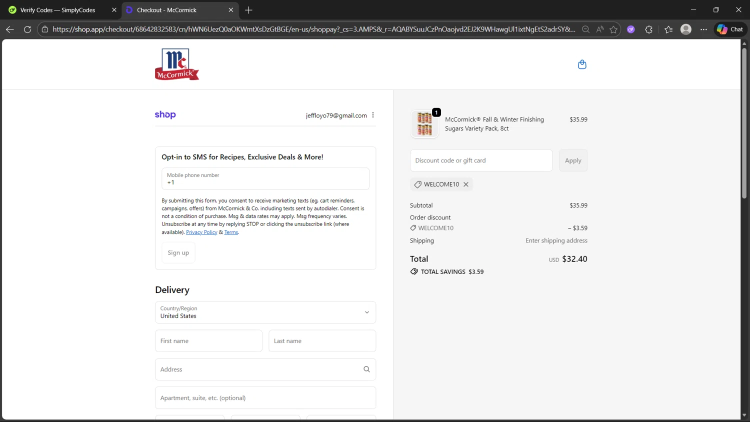 McCormick discount code screenshot showing code WELCOME10 applied at McCormick checkout page. Uploaded by SimplyCodes community member dragonjeffer_93a9 on Dec 16, 2025