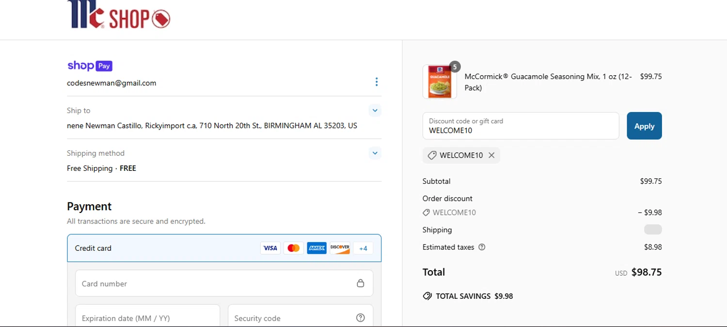 McCormick discount code screenshot showing code WELCOME10 applied at McCormick checkout page. Uploaded by SimplyCodes community member larenacida on Mar 25, 2025