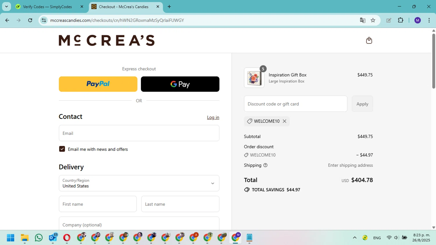 McCrea's Candies promo code screenshot showing code welcome10 applied at McCrea's Candies checkout page. Uploaded by SimplyCodes community member Fundolaroca on Aug 27, 2025
