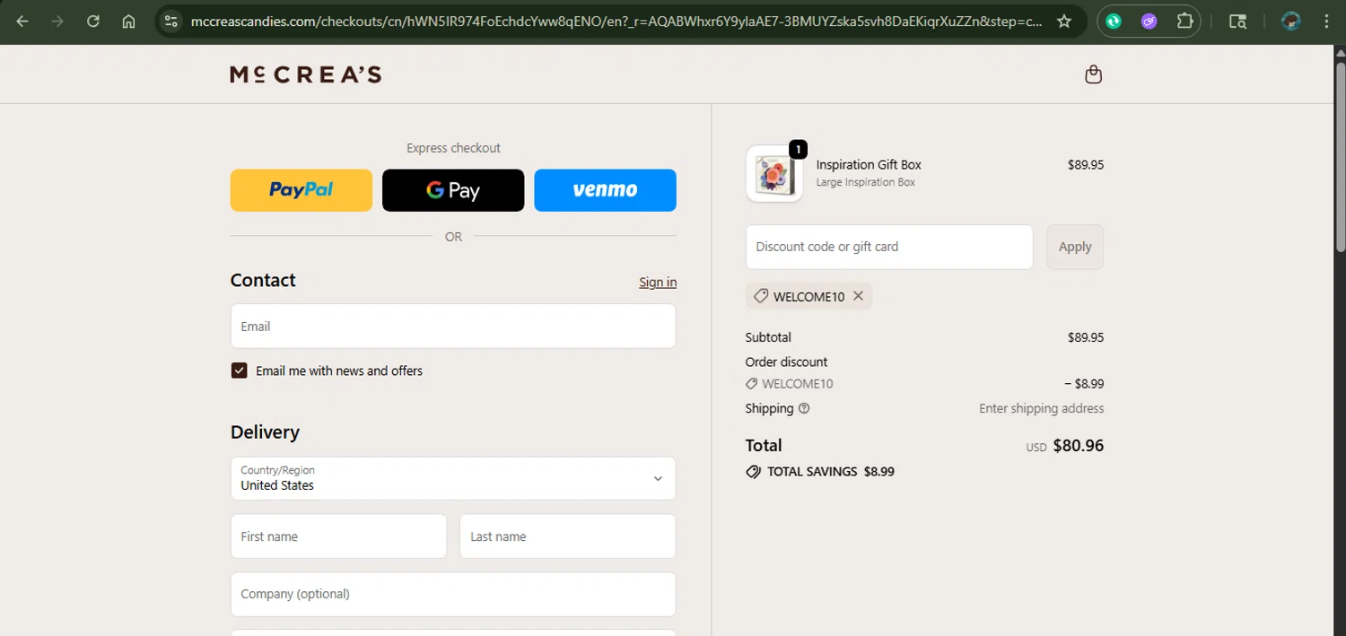 McCrea's Candies promo code screenshot showing code welcome10 applied at McCrea's Candies checkout page. Uploaded by SimplyCodes community member xAngel on Nov 14, 2025