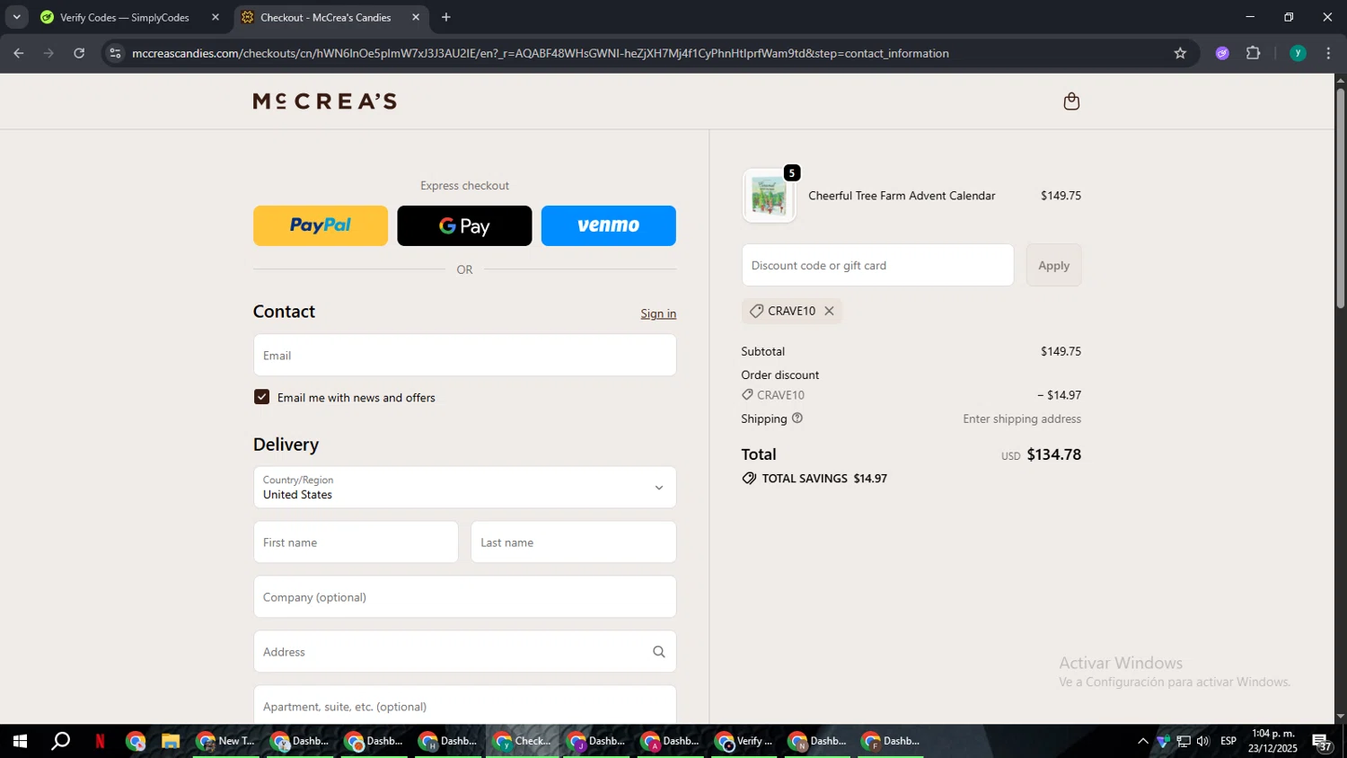 McCrea's Candies promo code screenshot showing code CRAVE10 applied at McCrea's Candies checkout page. Uploaded by SimplyCodes community member FrugalCaptain6906 on Dec 23, 2025
