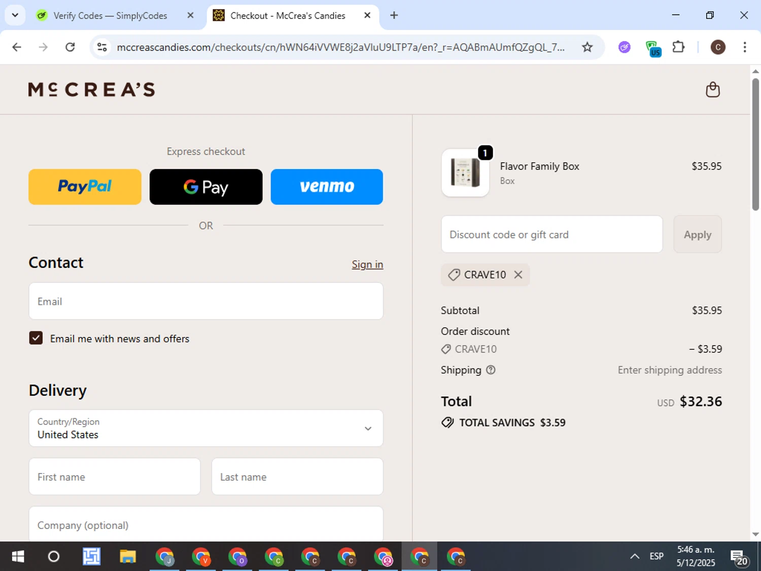 McCrea's Candies promo code screenshot showing code CRAVE10 applied at McCrea's Candies checkout page. Uploaded by SimplyCodes community member TreasureFox8596 on Dec 5, 2025