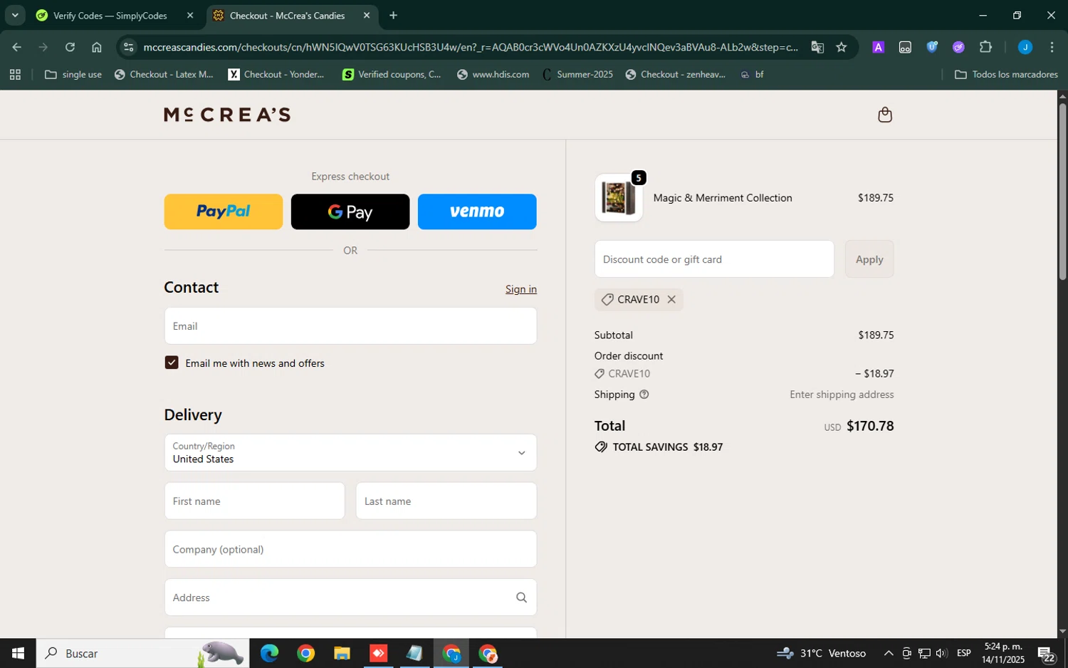 McCrea's Candies promo code screenshot showing code CRAVE10 applied at McCrea's Candies checkout page. Uploaded by SimplyCodes community member Xemocodes on Nov 14, 2025
