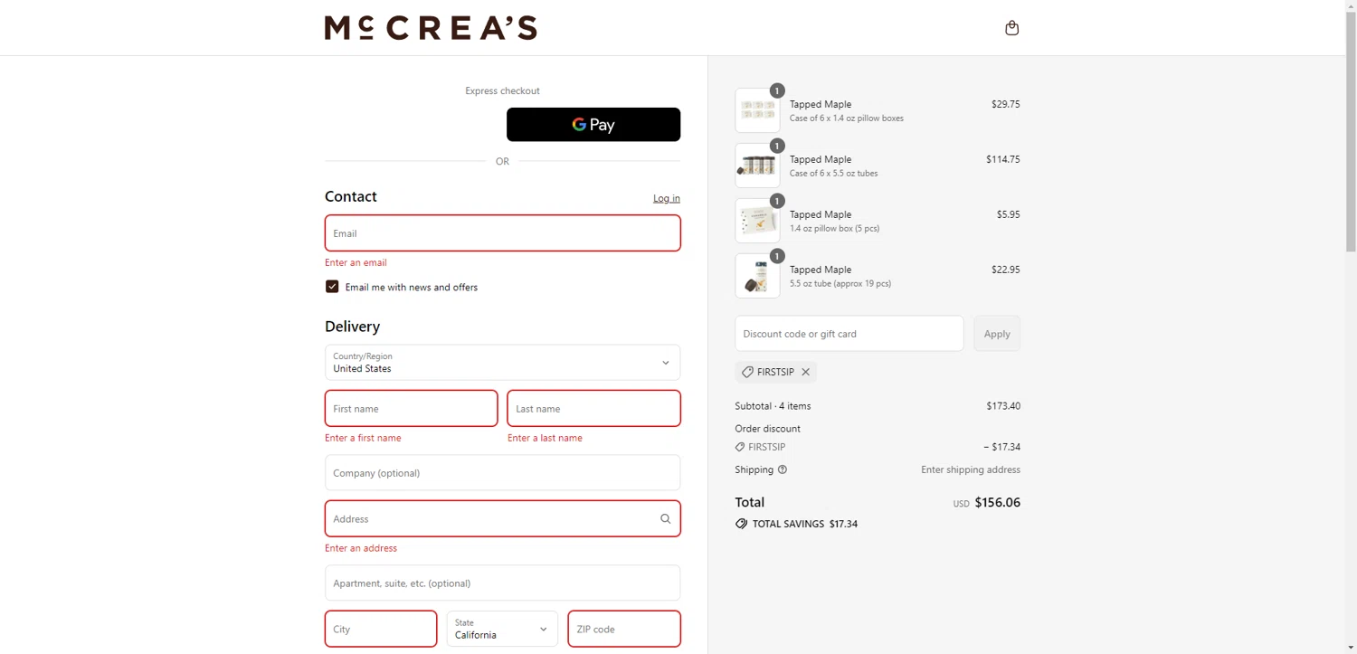 McCrea's Candies promo code screenshot showing code FIRSTSIP applied at McCrea's Candies checkout page. Uploaded by SimplyCodes community member NobleMaestro6498 on Aug 22, 2025