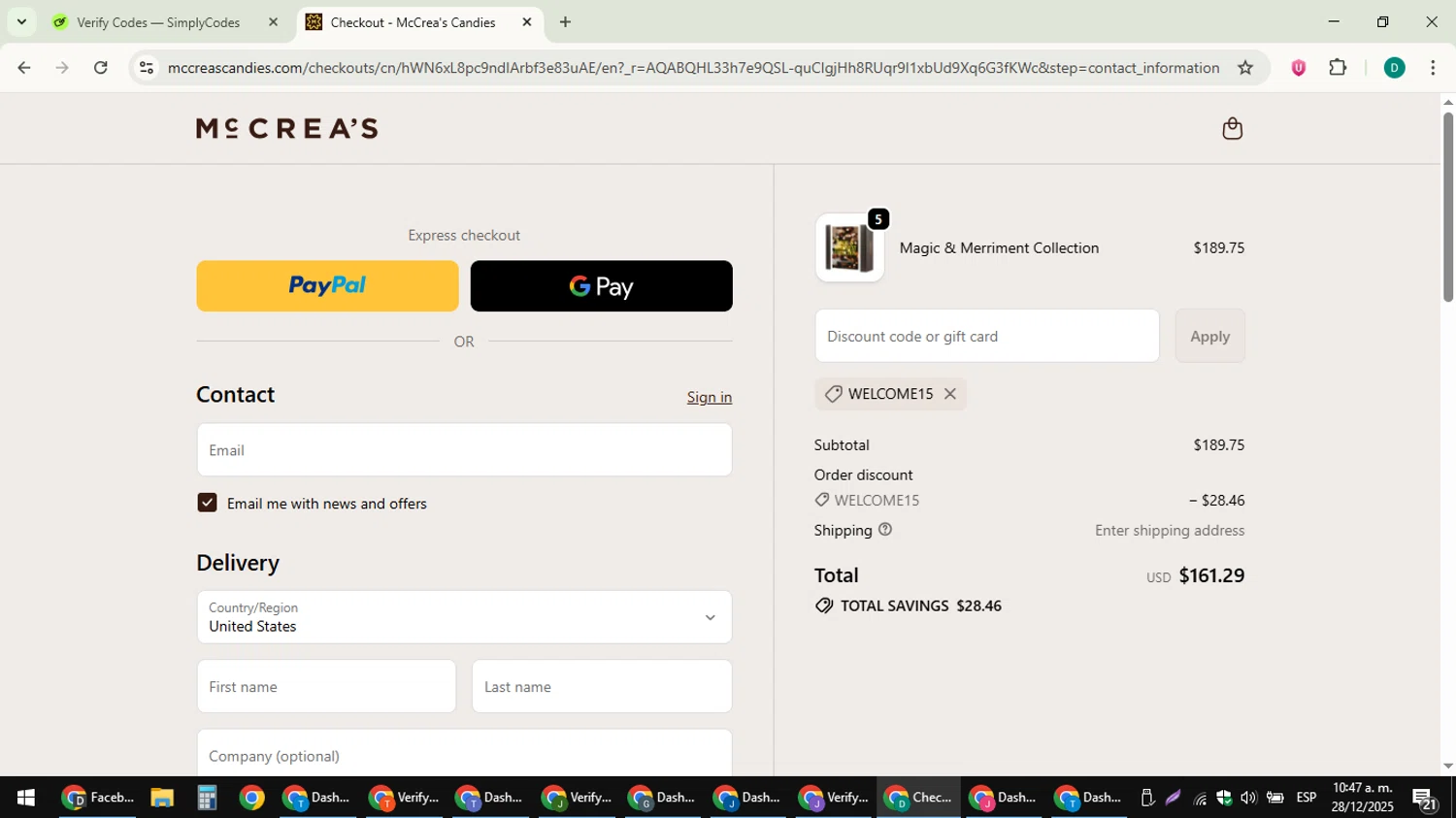 McCrea's Candies promo code screenshot showing code WELCOME15 applied at McCrea's Candies checkout page. Uploaded by SimplyCodes community member ThriftyLion6776 on Dec 28, 2025