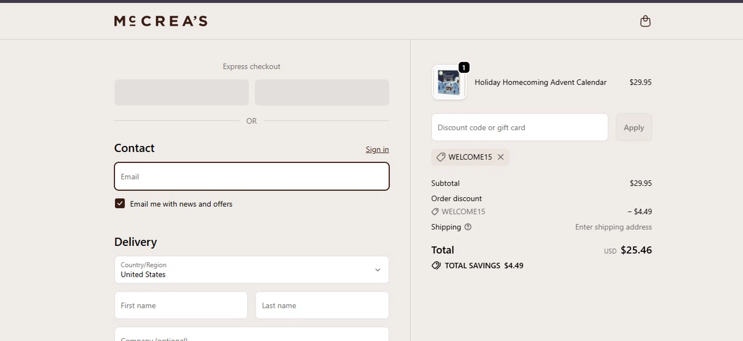 McCrea's Candies promo code screenshot showing code WELCOME15 applied at McCrea's Candies checkout page. Uploaded by SimplyCodes community member ashe1986 on Dec 5, 2025