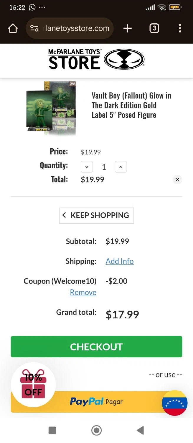 McFarlane coupon code screenshot showing code WELCOME10 applied at McFarlane checkout page. Uploaded by SimplyCodes community member Kimberly on Mar 23, 2025