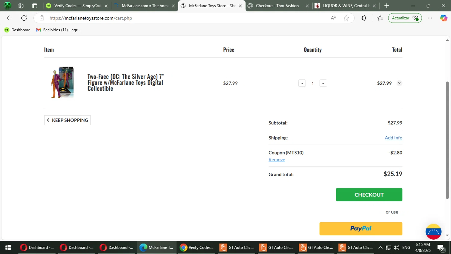 McFarlane coupon code screenshot showing code MTS10 applied at McFarlane checkout page. Uploaded by SimplyCodes community member TrevorPhilips on Apr 8, 2025