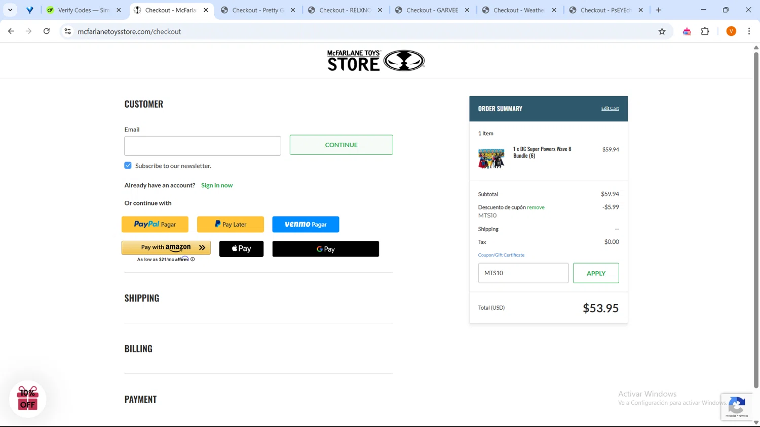 McFarlane coupon code screenshot showing code MTS10 applied at McFarlane checkout page. Uploaded by SimplyCodes community member GoldFox1696 on Apr 8, 2025
