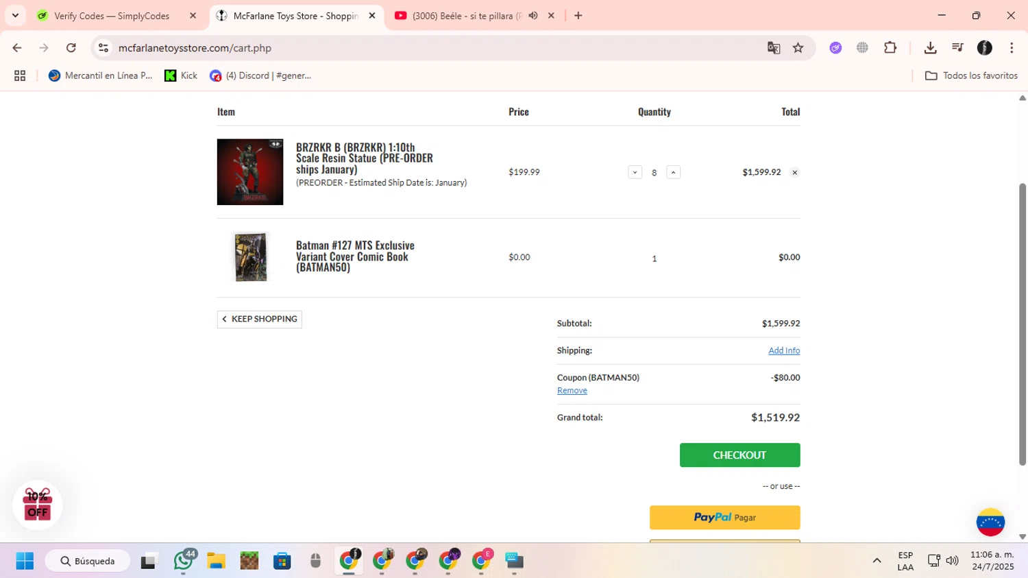 McFarlane checkout page showing McFarlane coupon code box | Screenshot taken by SimplyCodes community member on Jul 24, 2025