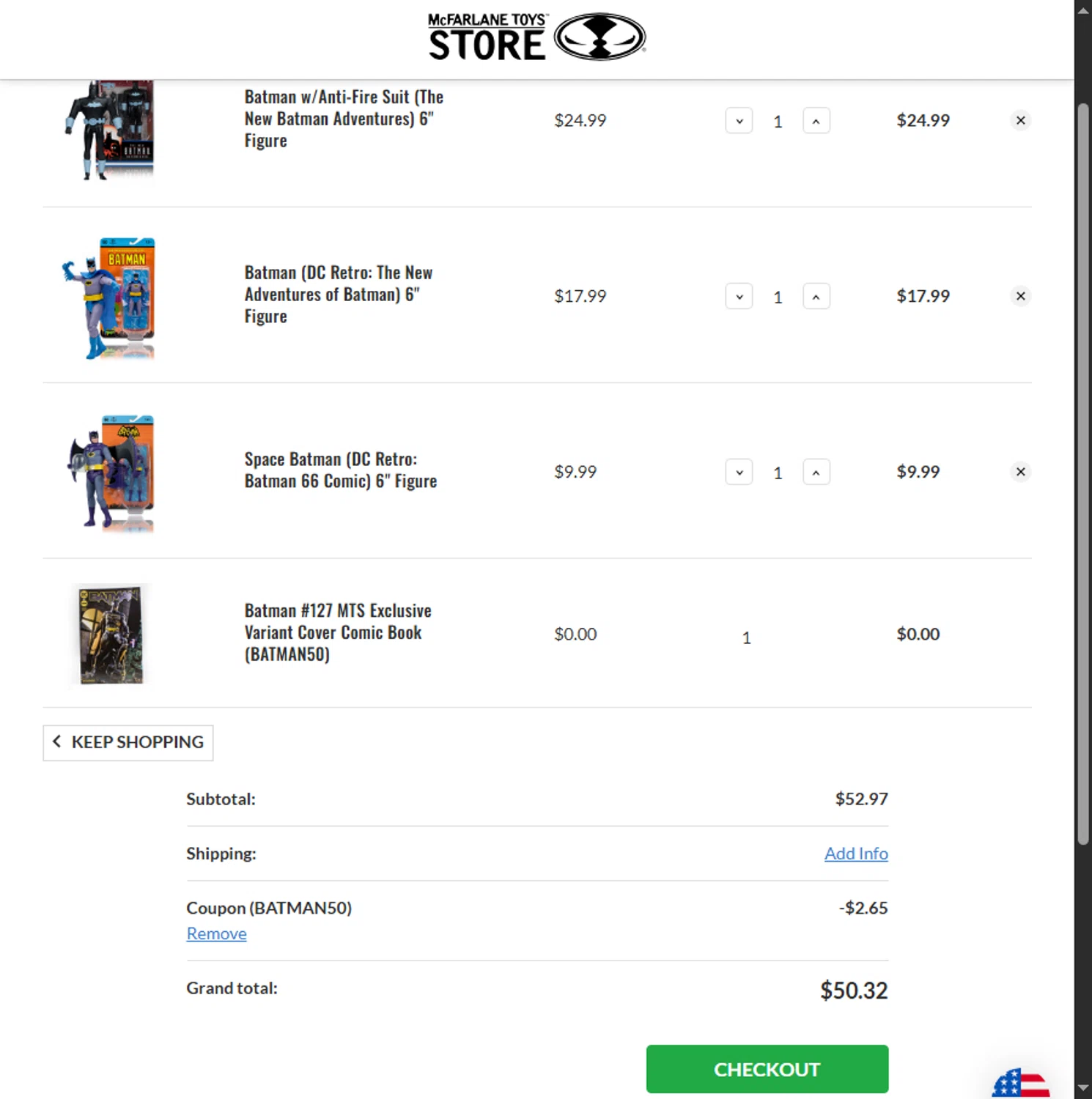 McFarlane checkout page showing McFarlane coupon code box | Screenshot taken by SimplyCodes community member on Jun 25, 2025