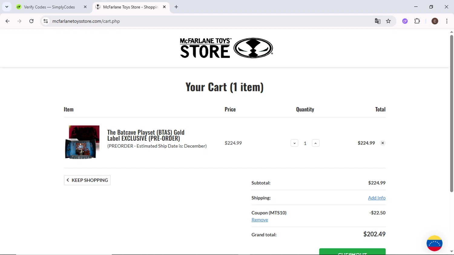 McFarlane Toys Store promo code screenshot showing code MTS10 applied at McFarlane Toys Store checkout page. Uploaded by SimplyCodes community member MoneyPilot9634 on Dec 4, 2025