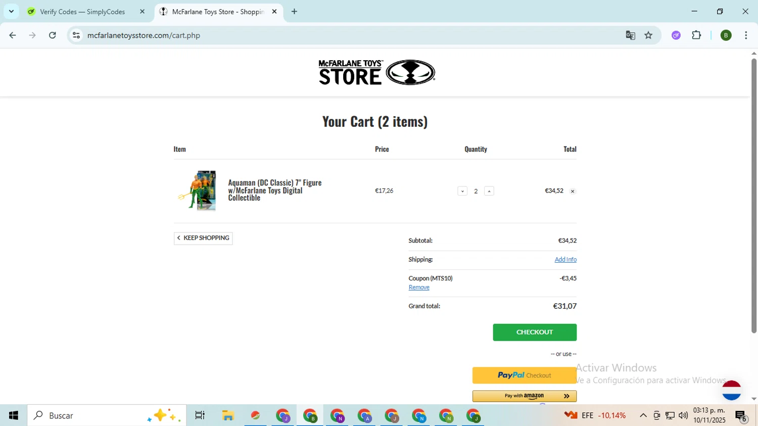 McFarlane Toys Store promo code screenshot showing code MTS10 applied at McFarlane Toys Store checkout page. Uploaded by SimplyCodes community member SaleVirtuoso5993 on Nov 10, 2025