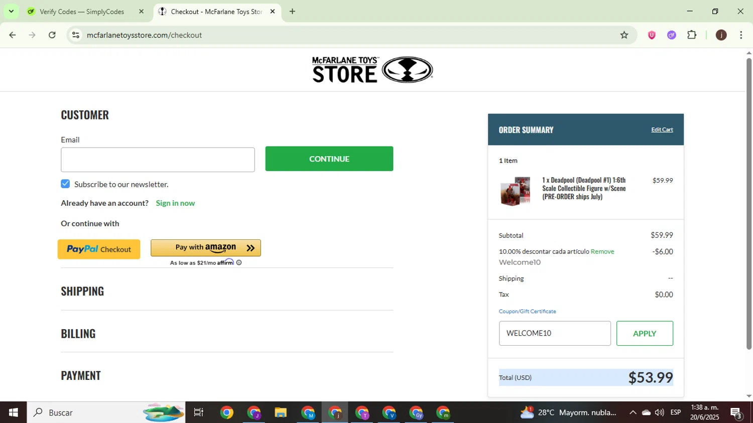 McFarlane Toys Store promo code screenshot showing code WELCOME10 applied at McFarlane Toys Store checkout page. Uploaded by SimplyCodes community member WonderEagle9833 on Jun 20, 2025