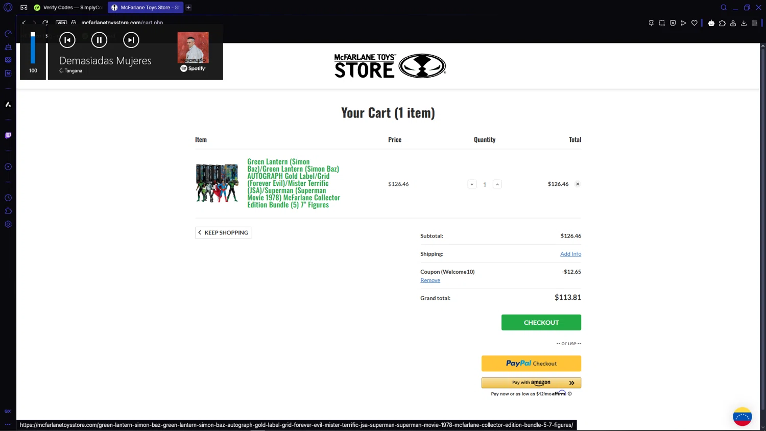 McFarlane Toys Store promo code screenshot showing code WELCOME10 applied at McFarlane Toys Store checkout page. Uploaded by SimplyCodes community member VictoriousCaptain3902 on May 12, 2025