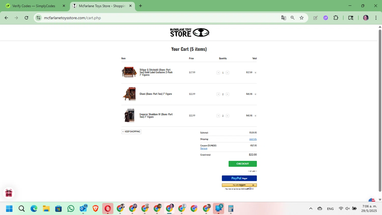 McFarlane Toys Store promo code screenshot showing code DUNE80 applied at McFarlane Toys Store checkout page. Uploaded by SimplyCodes community member Mari_perez on May 29, 2025