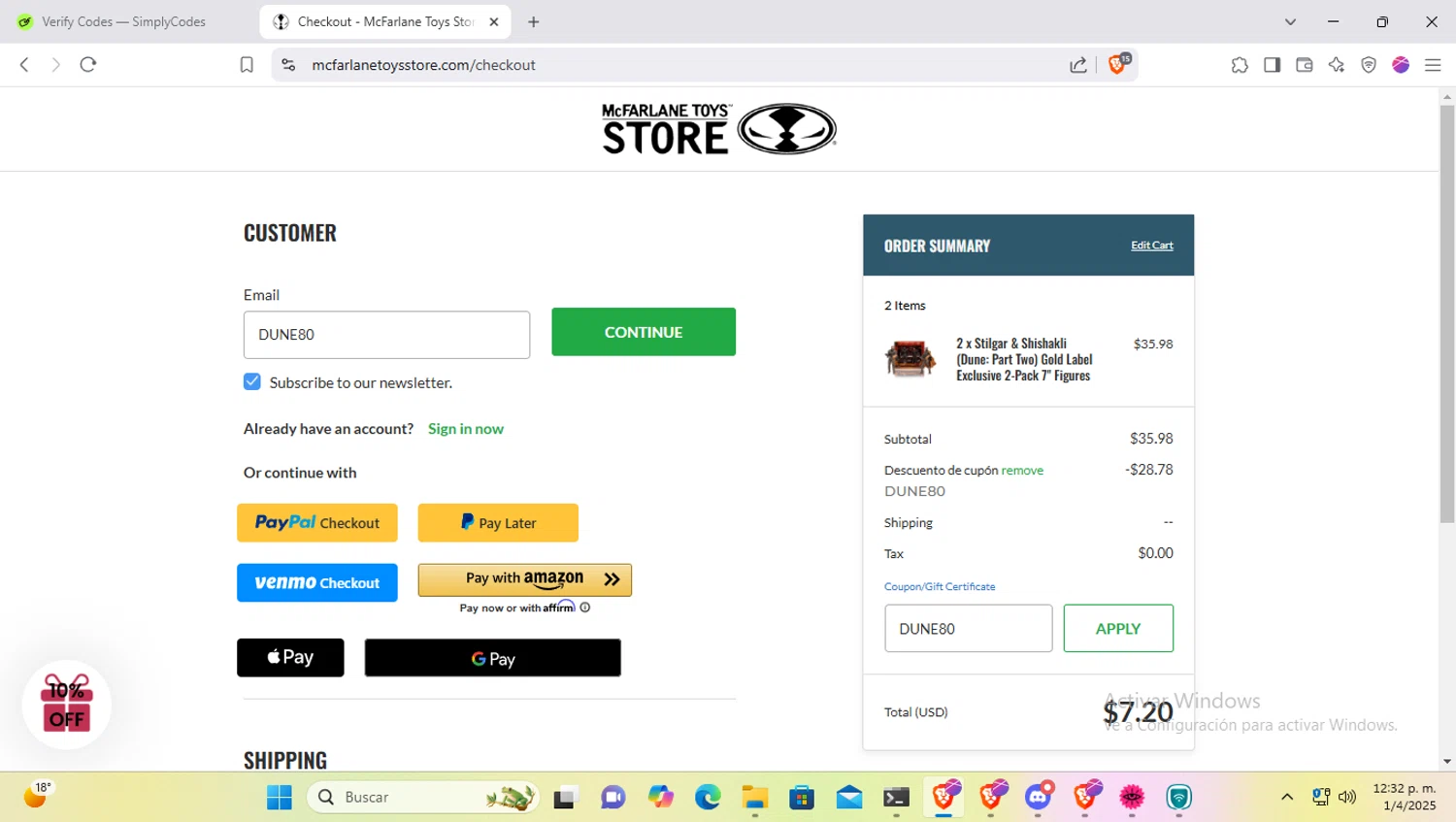 McFarlane Toys Store promo code screenshot showing code DUNE80 applied at McFarlane Toys Store checkout page. Uploaded by SimplyCodes community member SapeGato on Apr 1, 2025