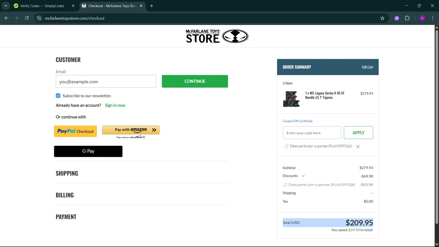 McFarlane Toys Store promo code screenshot showing code PLAYOFFS26 applied at McFarlane Toys Store checkout page. Uploaded by SimplyCodes community member RoyalSleuth2430 on Jan 29, 2026