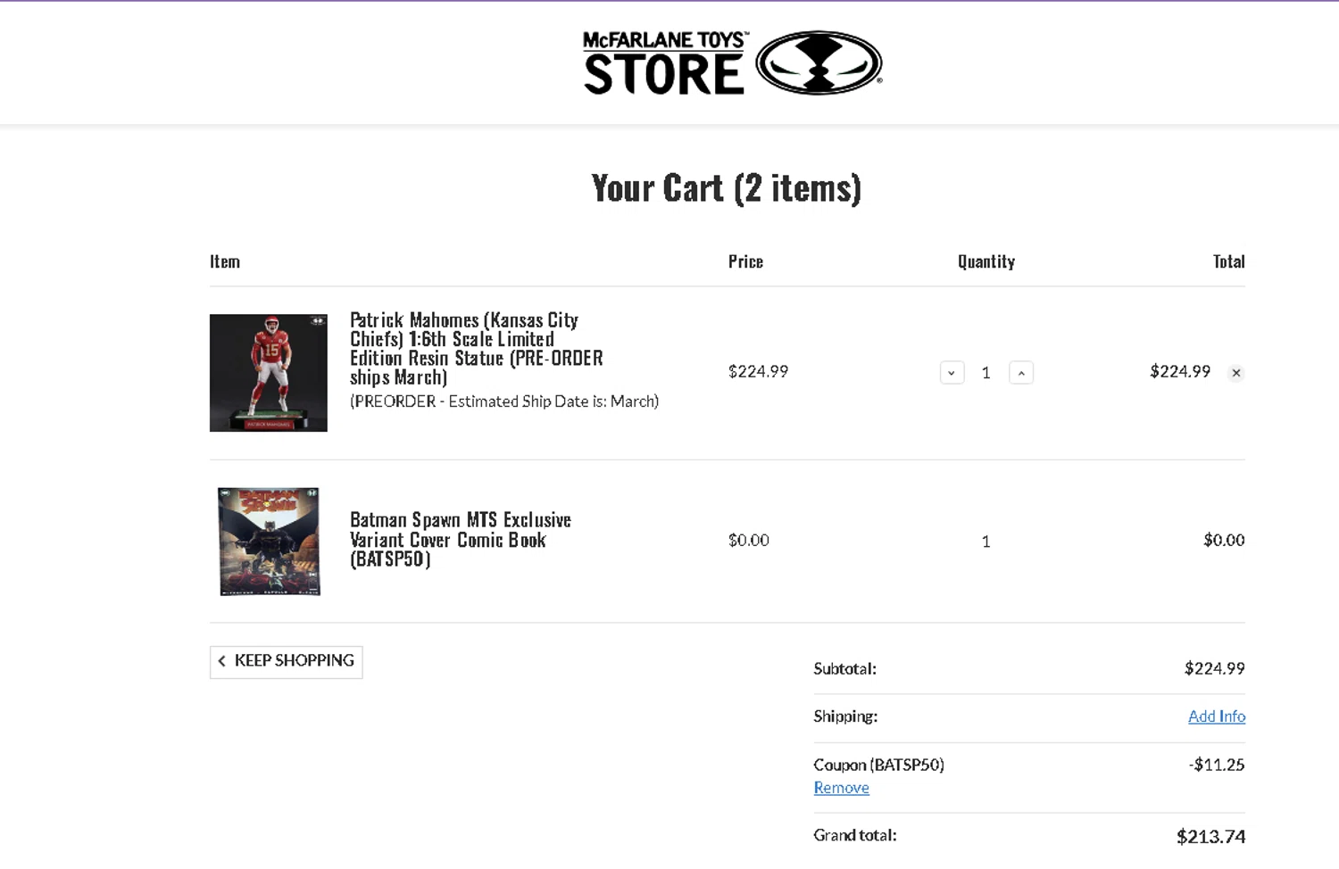 McFarlane Toys Store promo code screenshot showing code BATSP50 applied at McFarlane Toys Store checkout page. Uploaded by SimplyCodes community member FramiraGaminG on Nov 5, 2025